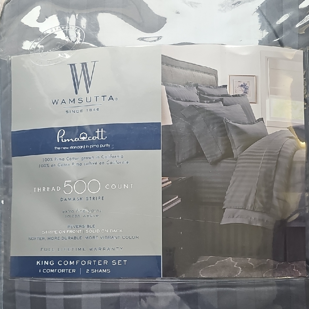 RARE Wamsutta REVERSIBLE PIMA COTTON Damask Stripe KING Comforter Set (DENIM)